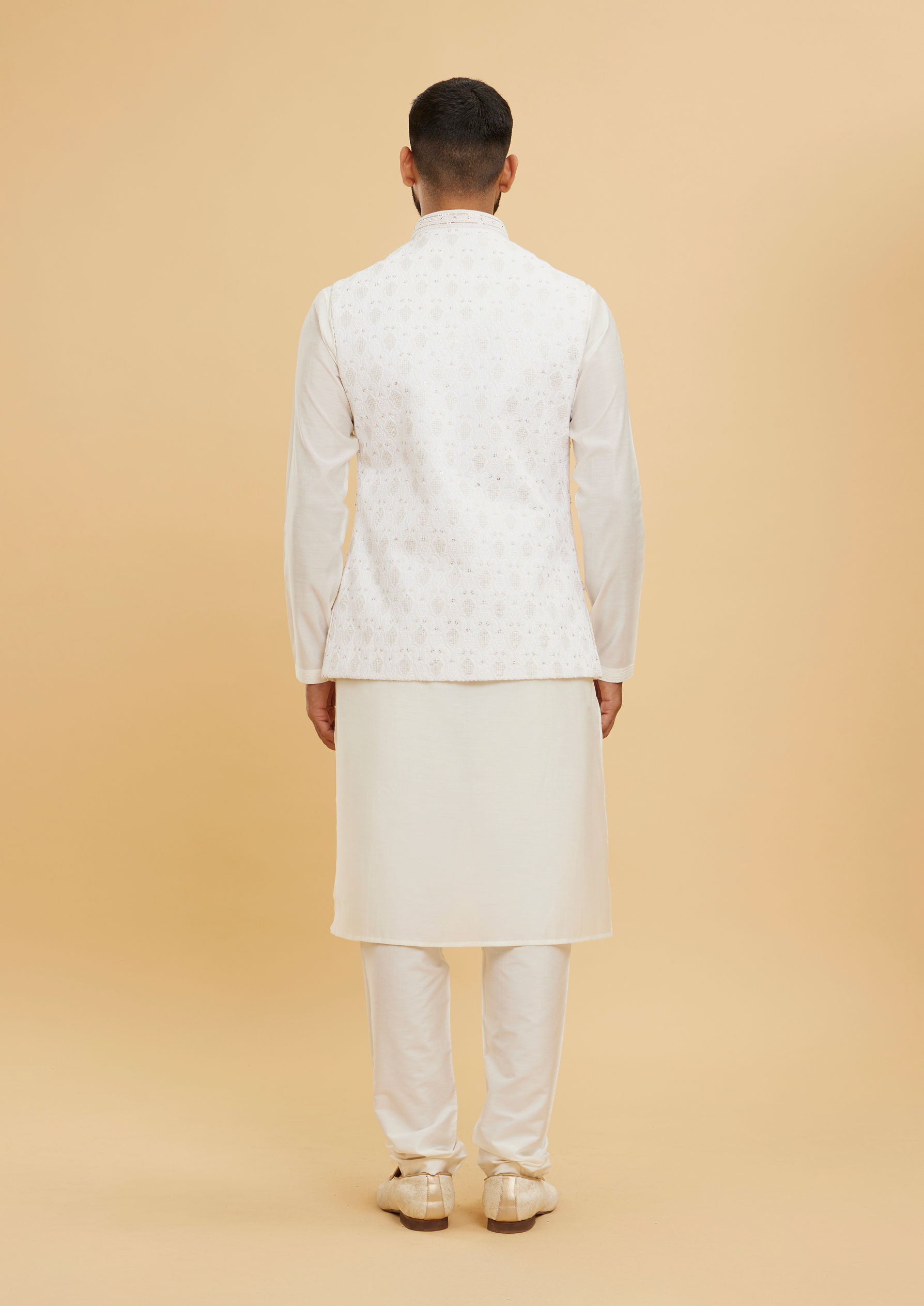 Twamev Men Warm White Buta Patterned Jacket Set with Sequin Work