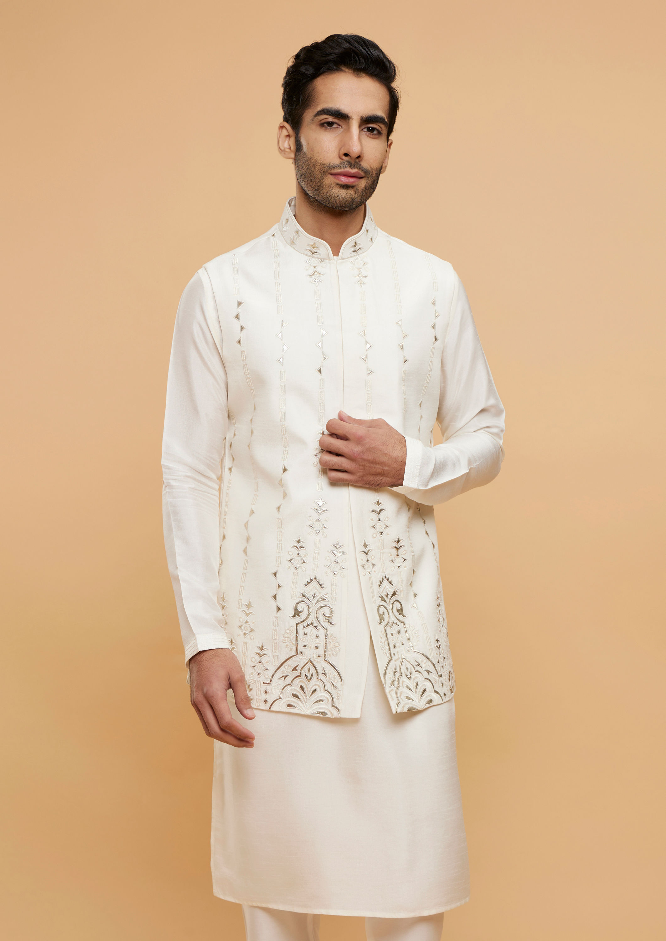 Twamev Men Cream White Jacket Set with Minimal Imperial motifs in Metallic Embroidery