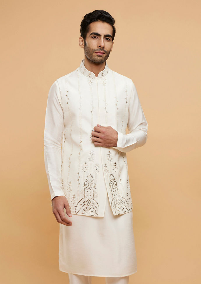 Twamev Men Cream White Jacket Set with Minimal Imperial motifs in Metallic Embroidery