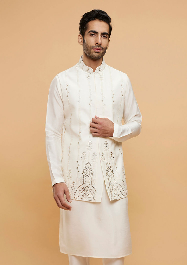 Twamev Men Cream White Jacket Set with Minimal Imperial motifs in Metallic Embroidery