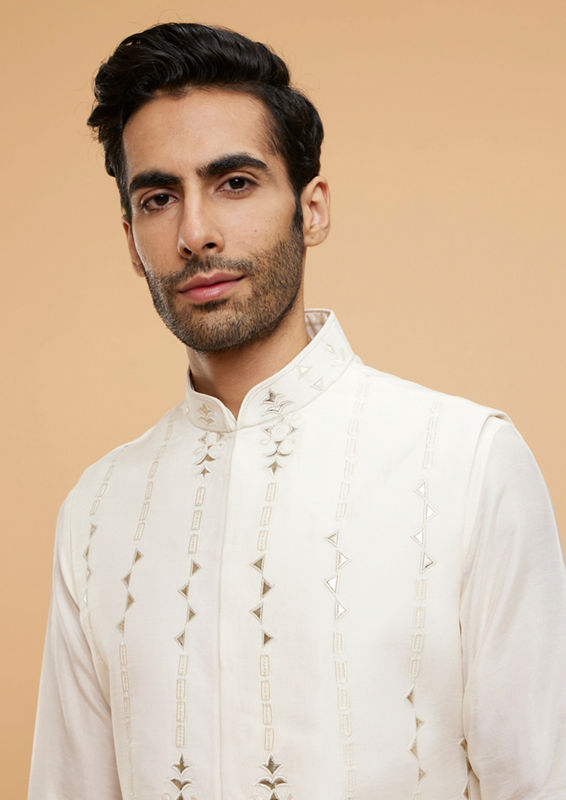 Twamev Men Cream White Jacket Set with Minimal Imperial motifs in Metallic Embroidery