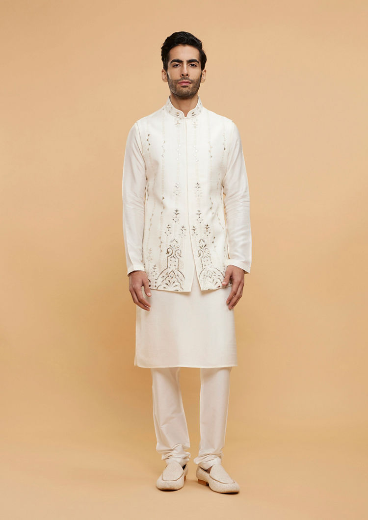 Twamev Men Cream White Jacket Set with Minimal Imperial motifs in Metallic Embroidery