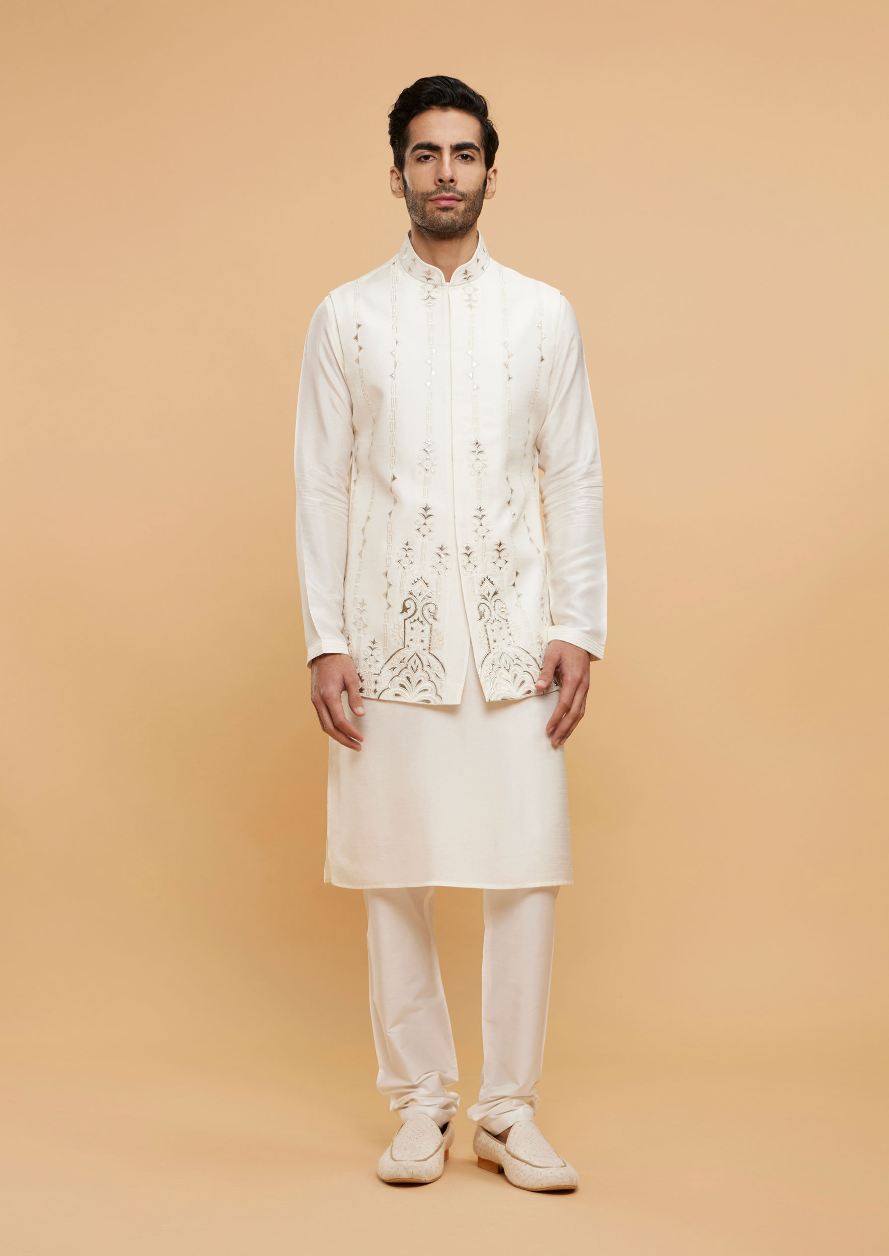 Twamev Men Cream White Jacket Set with Minimal Imperial motifs in Metallic Embroidery