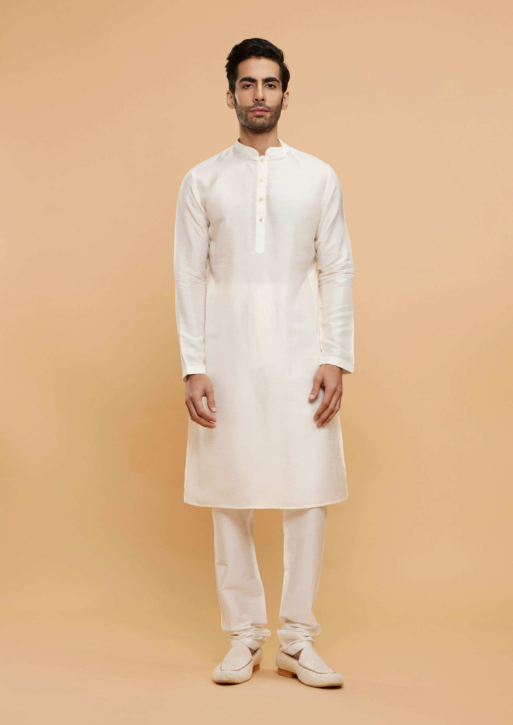 Twamev Men Cream White Jacket Set with Minimal Imperial motifs in Metallic Embroidery