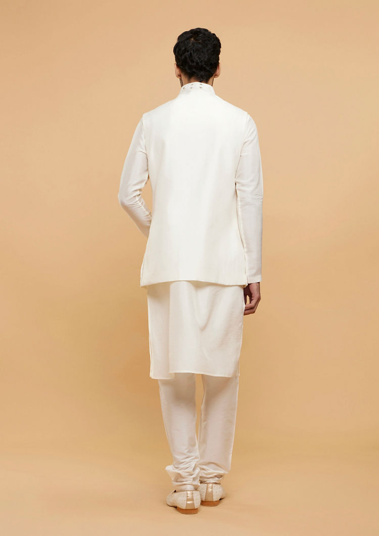 Twamev Men Cream White Jacket Set with Minimal Imperial motifs in Metallic Embroidery