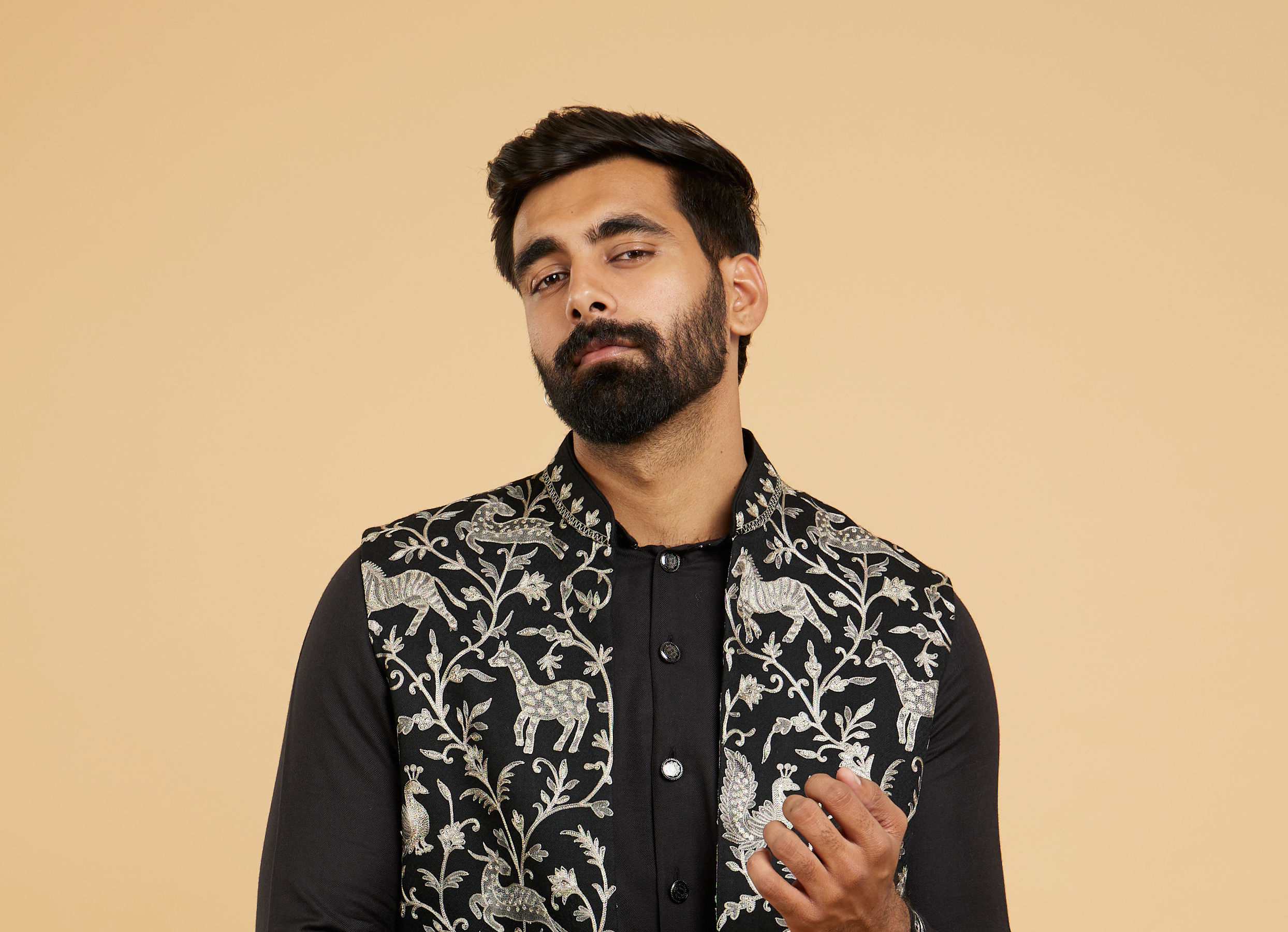 Twamev Men Black Festive Kurta Jacket Set