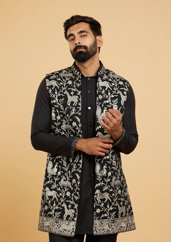 Twamev Men Black Festive Kurta Jacket Set