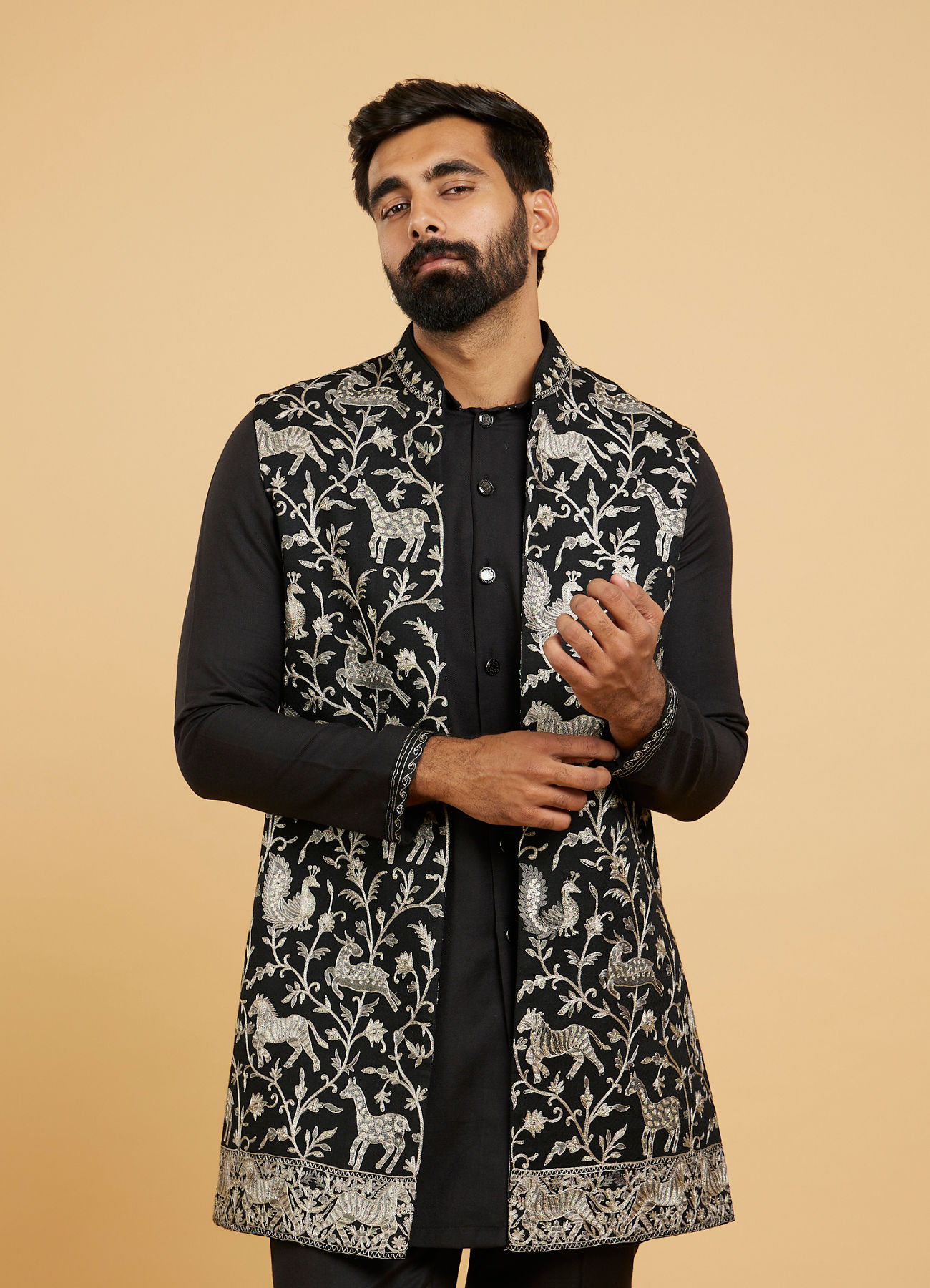 Twamev Men Black Festive Kurta Jacket Set