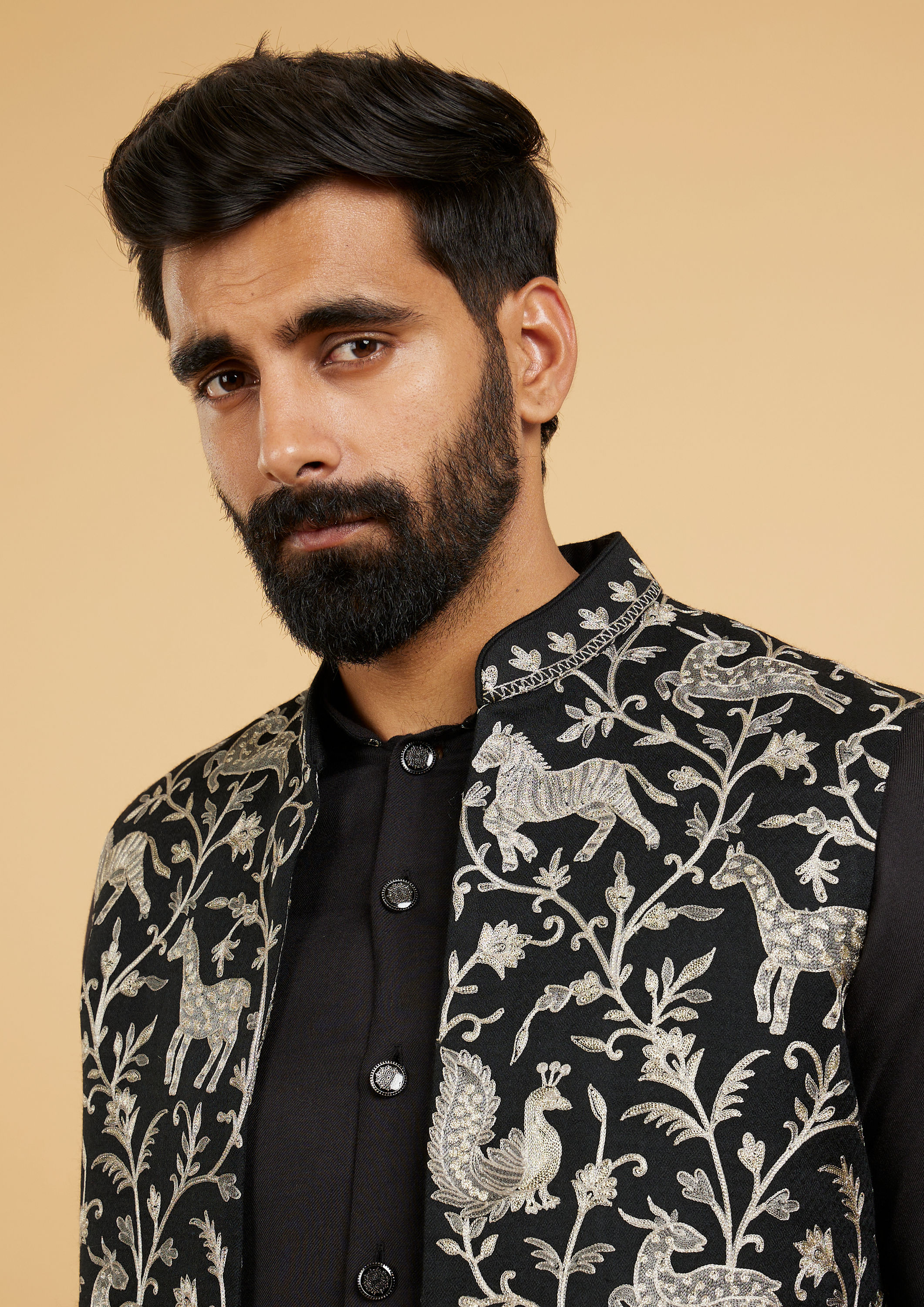 Twamev Men Black Festive Kurta Jacket Set