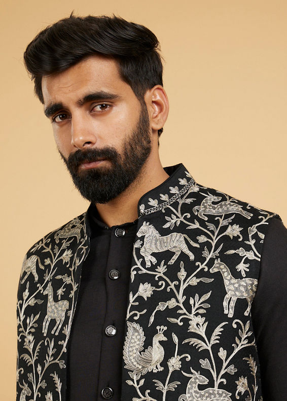 Twamev Men Black Festive Kurta Jacket Set