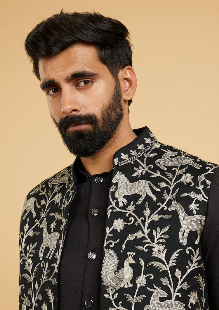 Twamev Men Black Festive Kurta Jacket Set