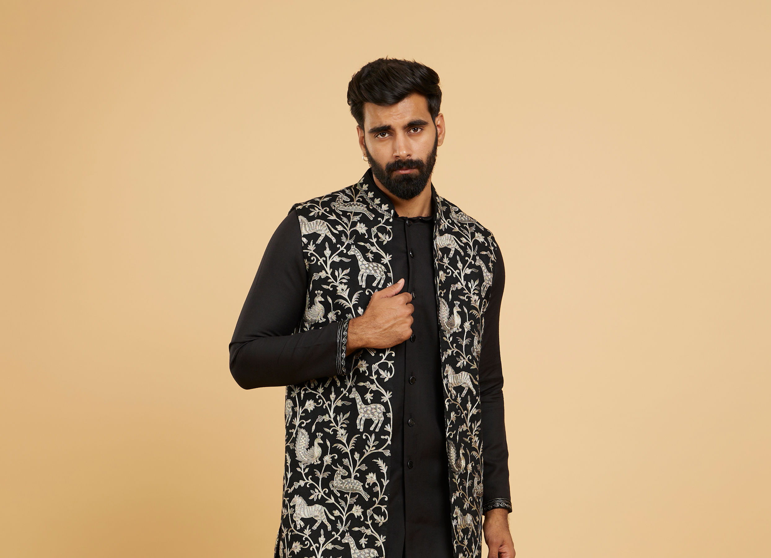 Twamev Men Black Festive Kurta Jacket Set