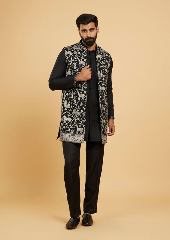 Twamev Men Black Festive Kurta Jacket Set