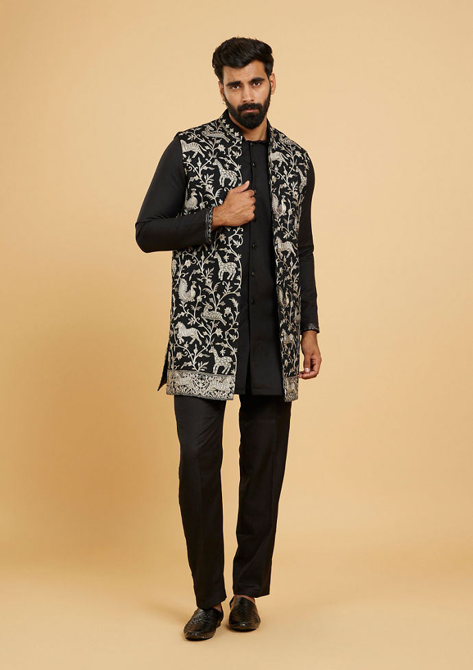 Twamev Men Black Festive Kurta Jacket Set