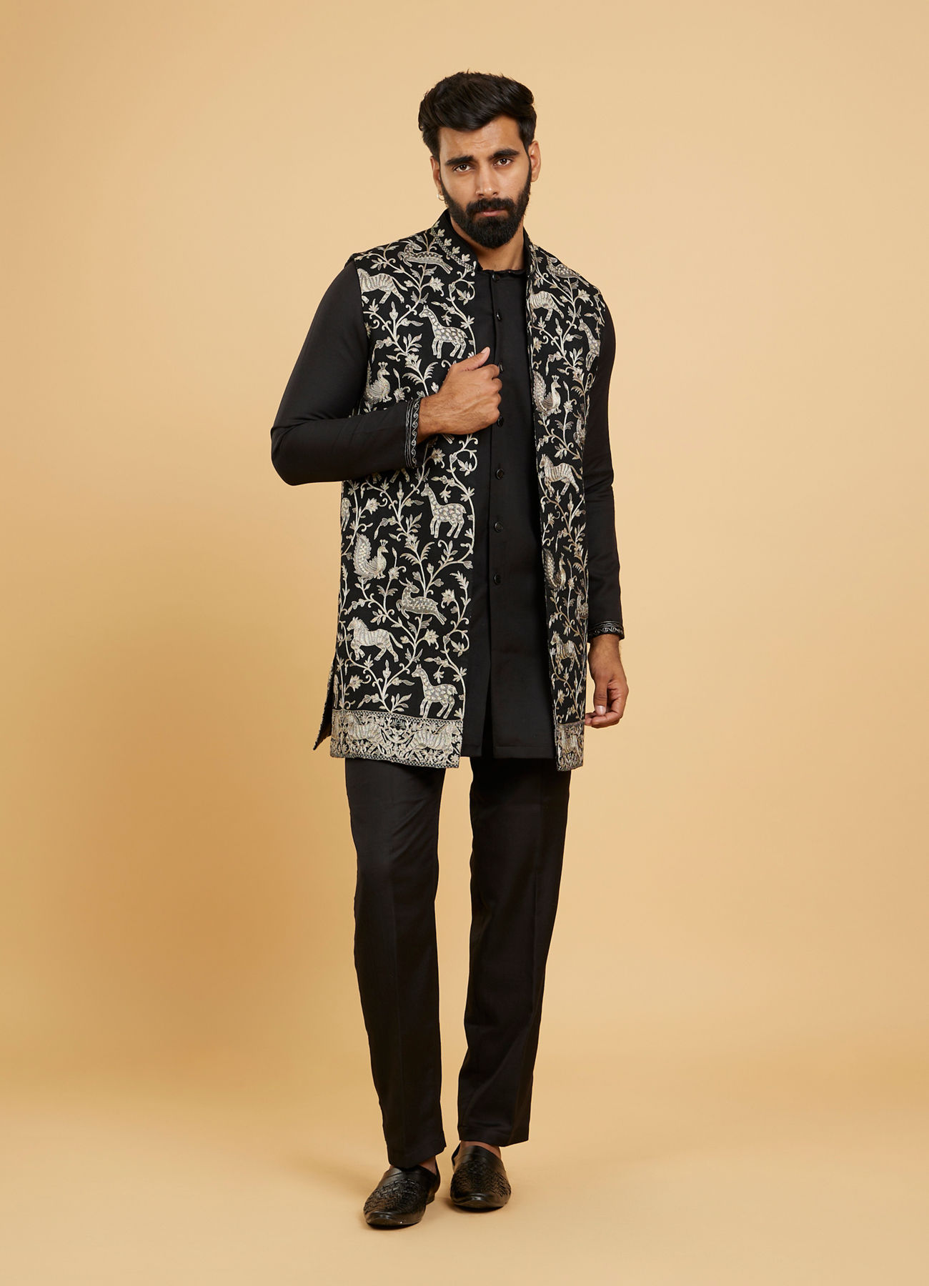 Twamev Men Black Festive Kurta Jacket Set