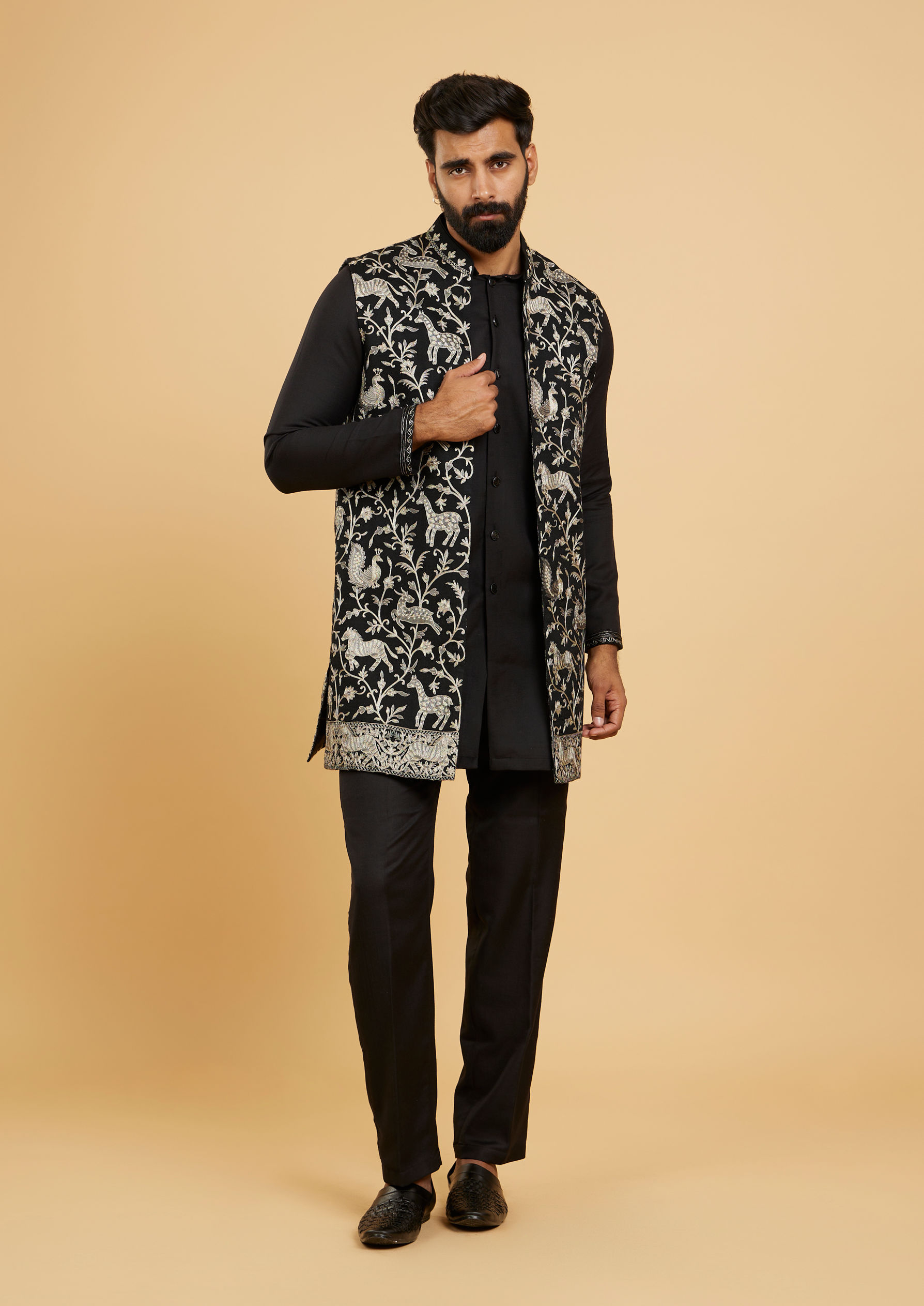 Twamev Men Black Festive Kurta Jacket Set