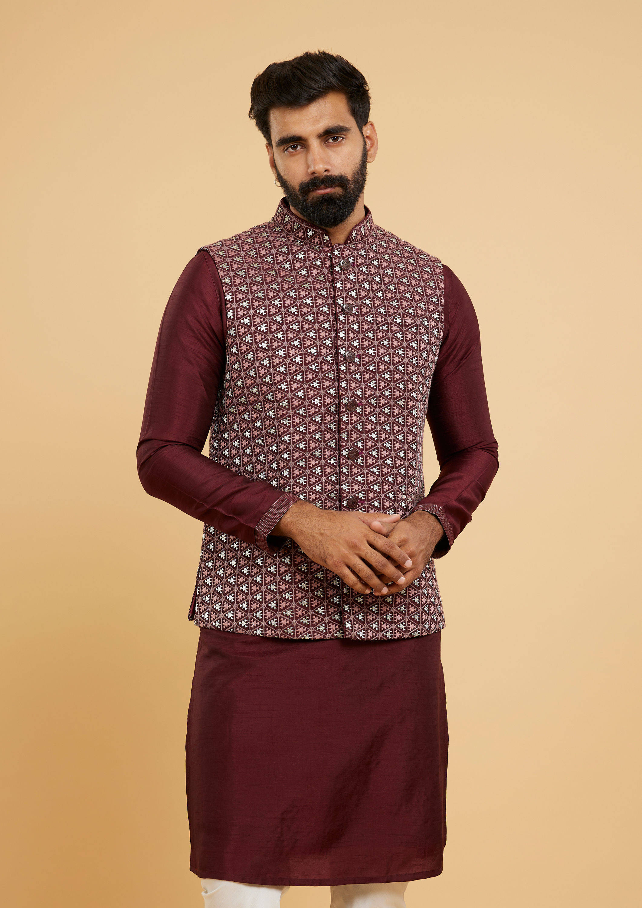 Twamev Men Wine Red Jaal Embroidered Jacket Set