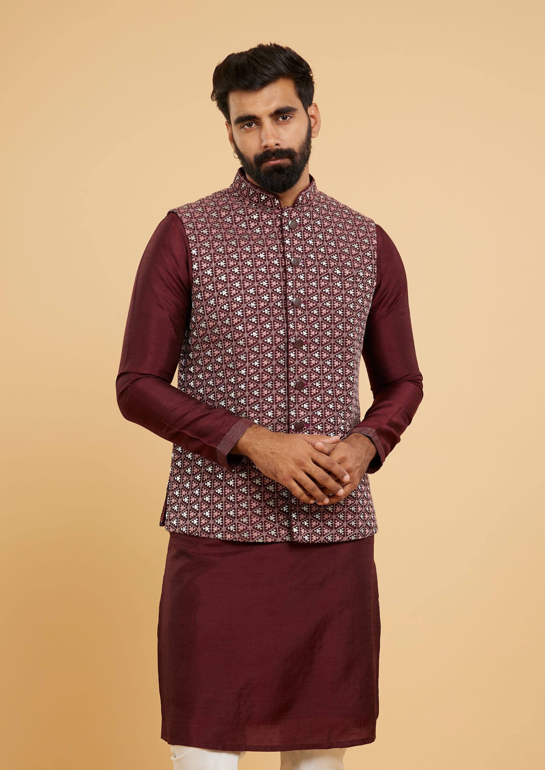 Twamev Men Wine Red Jaal Embroidered Jacket Set