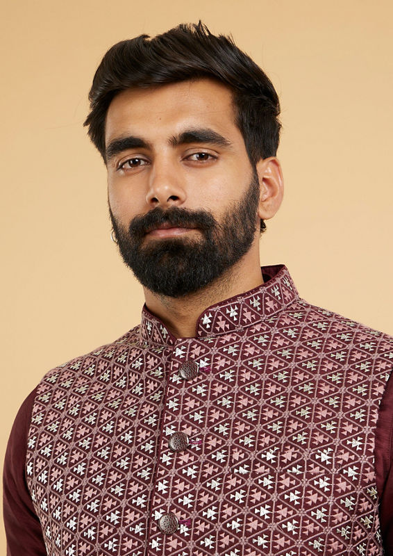Twamev Men Wine Red Jaal Embroidered Jacket Set