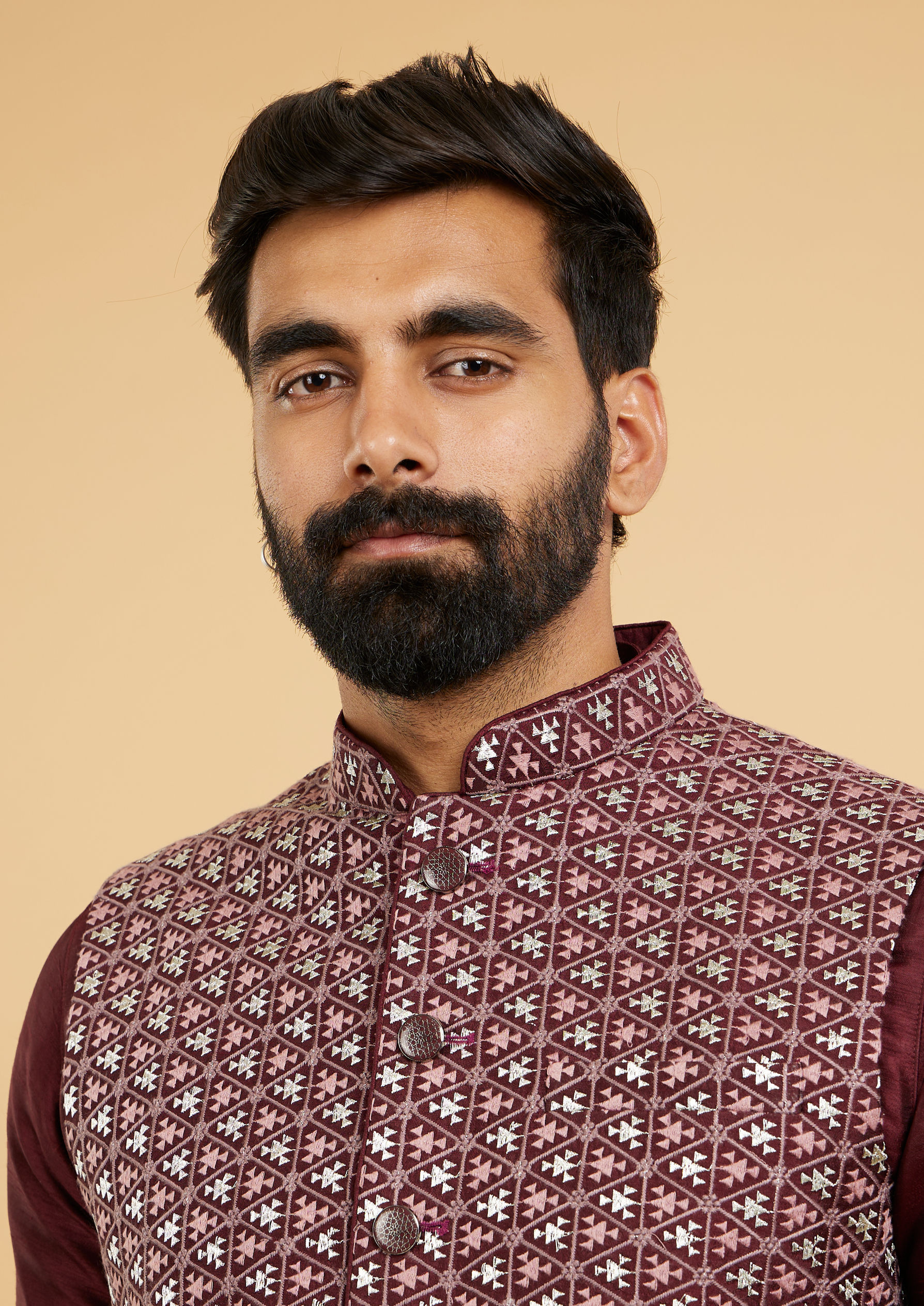 Twamev Men Wine Red Jaal Embroidered Jacket Set