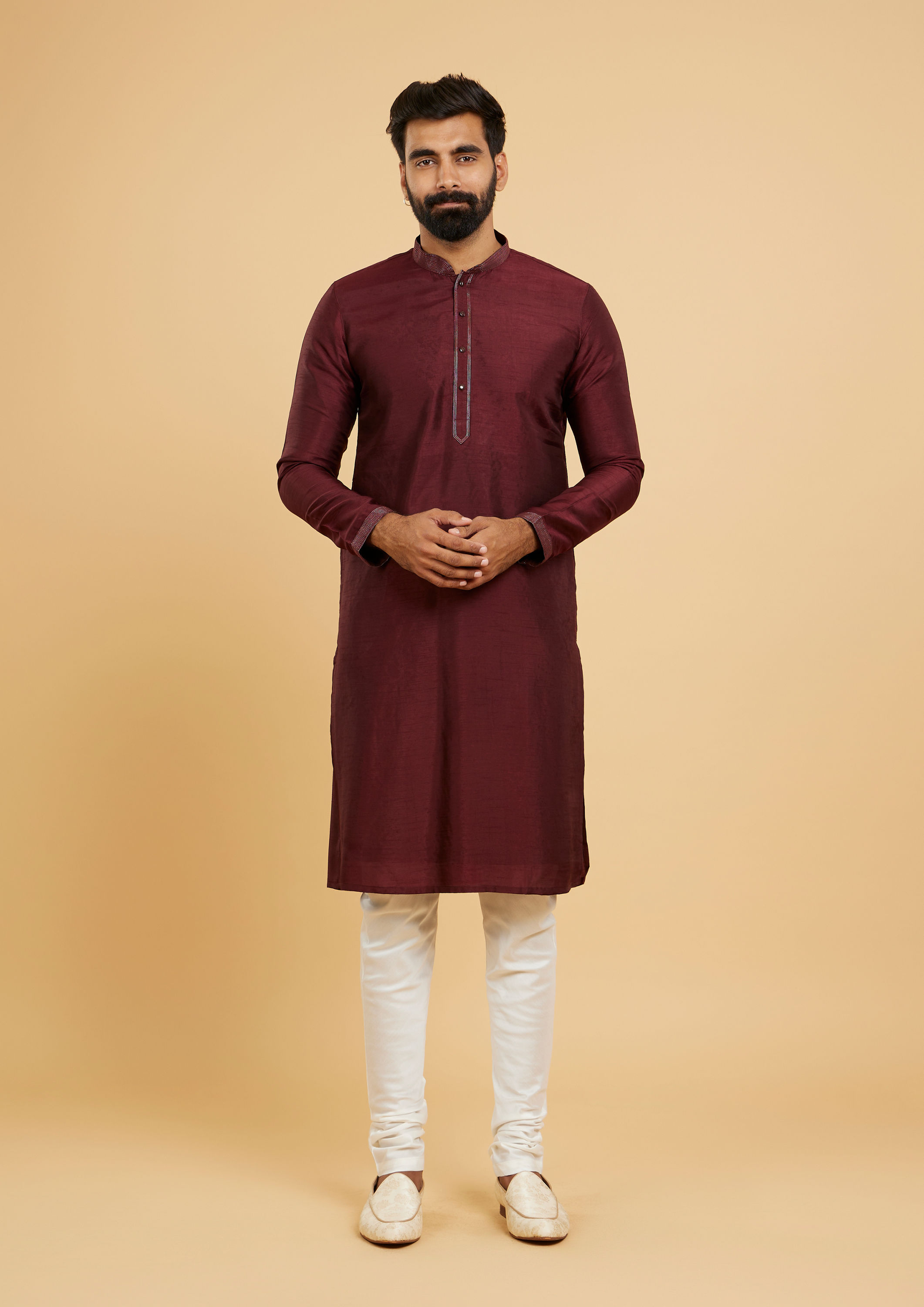 Twamev Men Wine Red Jaal Embroidered Jacket Set