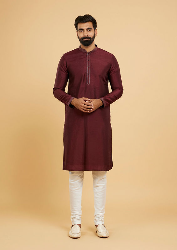 Twamev Men Wine Red Jaal Embroidered Jacket Set