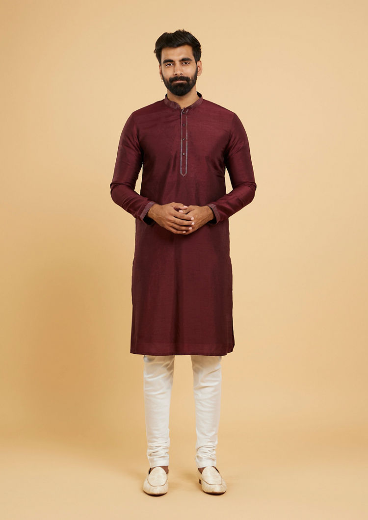 Twamev Men Wine Red Jaal Embroidered Jacket Set