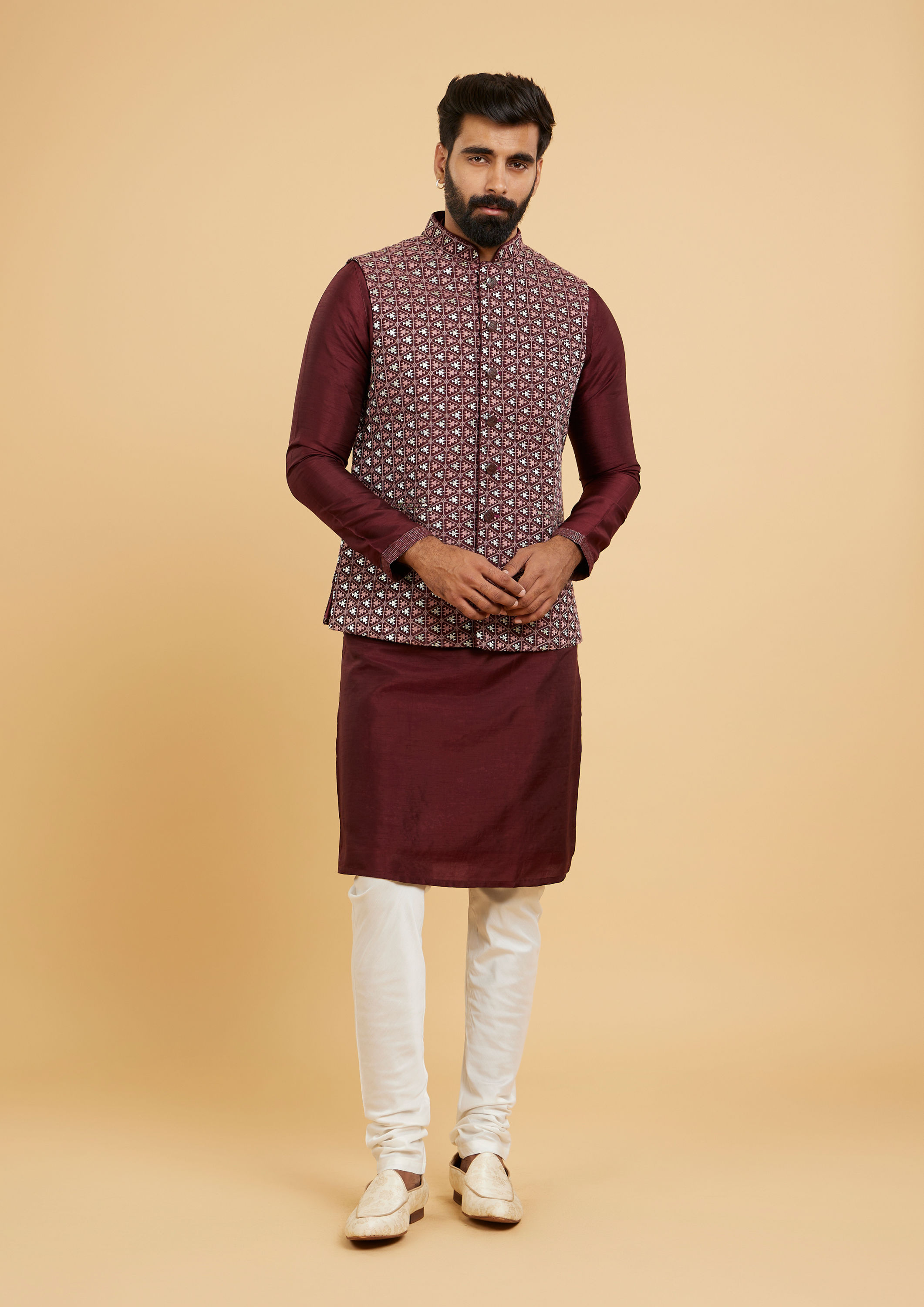 Twamev Men Wine Red Jaal Embroidered Jacket Set