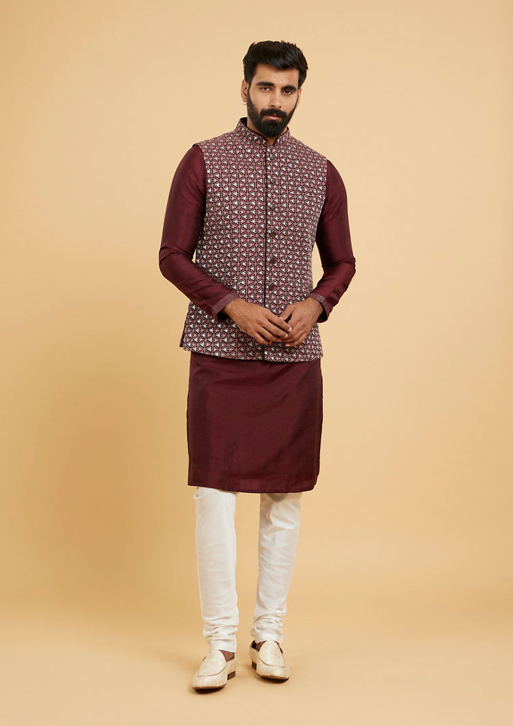 Twamev Men Wine Red Jaal Embroidered Jacket Set
