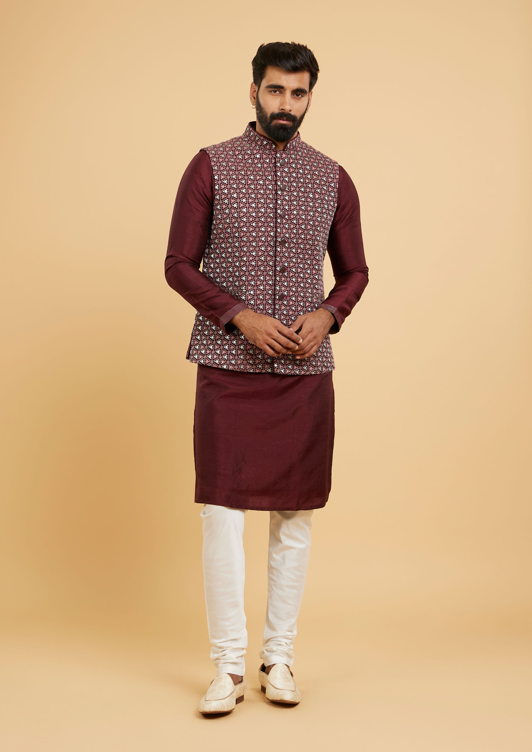 Twamev Men Wine Red Jaal Embroidered Jacket Set