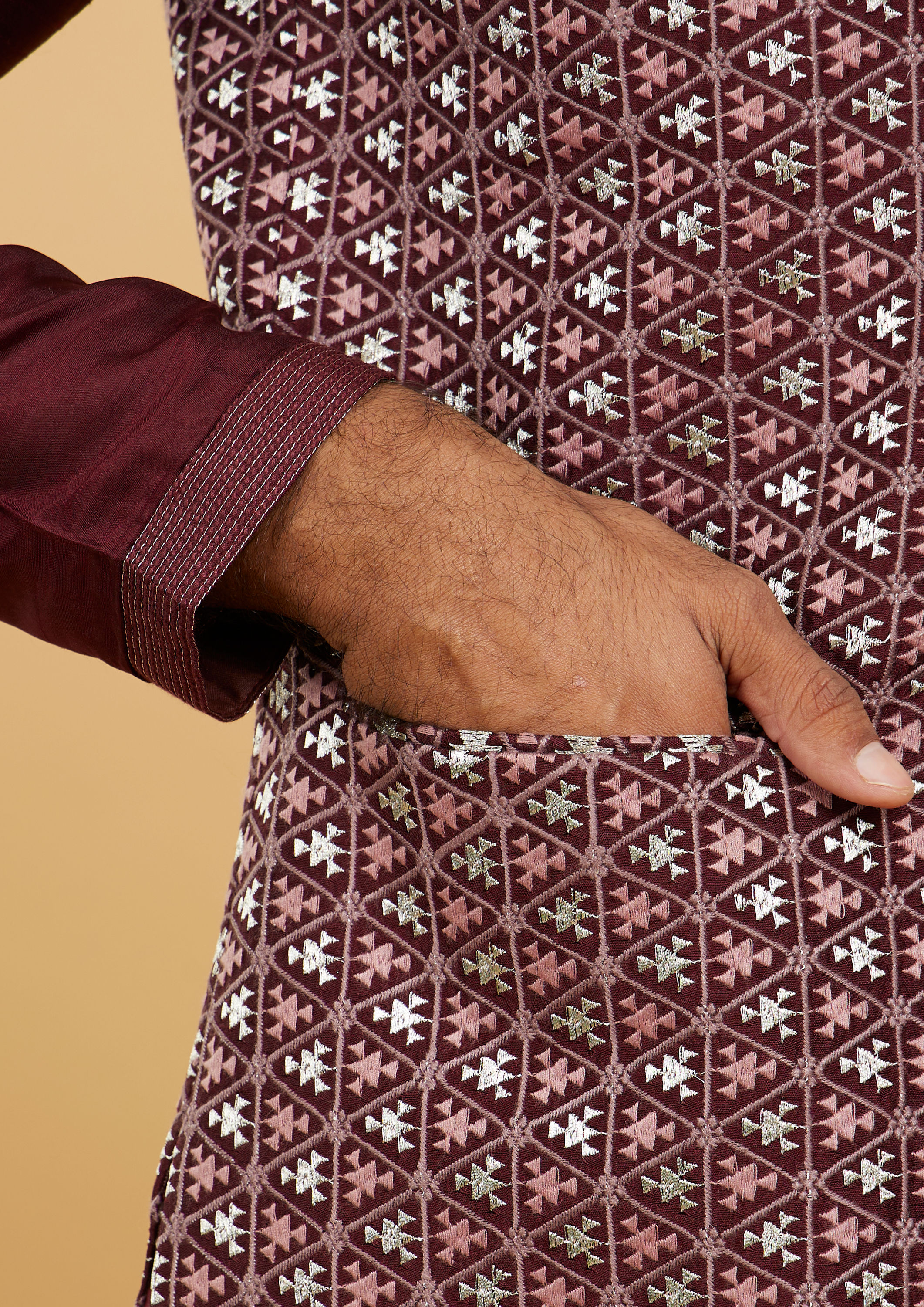 Twamev Men Wine Red Jaal Embroidered Jacket Set