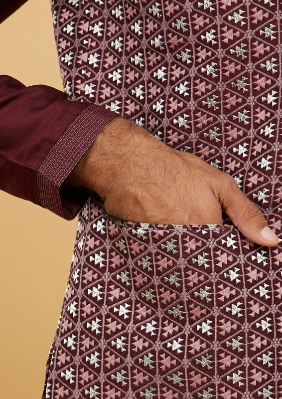 Twamev Men Wine Red Jaal Embroidered Jacket Set