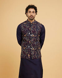Twamev Men Indigo Blue Bagh Embroidered Jacket Set