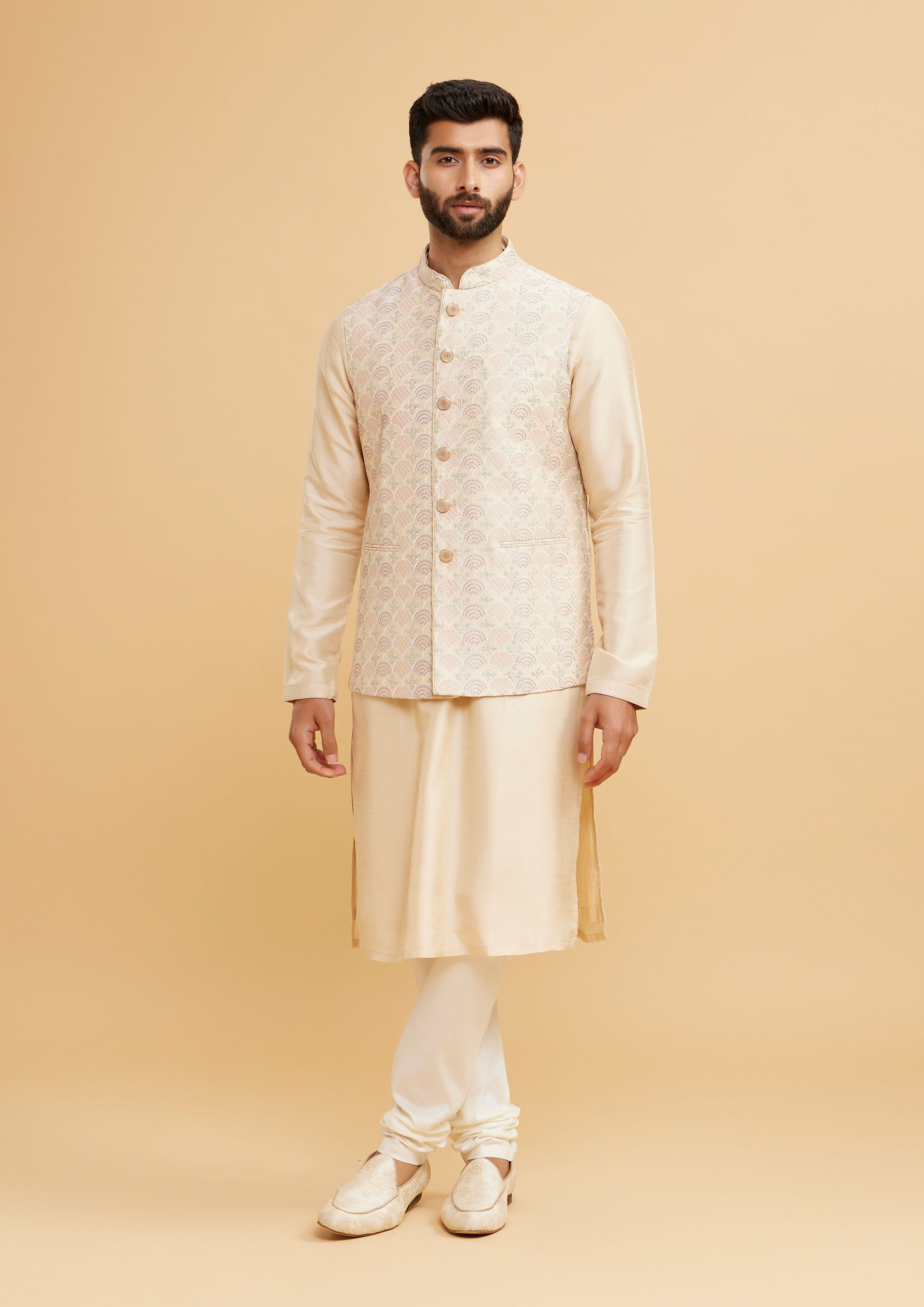 Twamev Men Beige Royal Ensemble Kurta Jacket Set