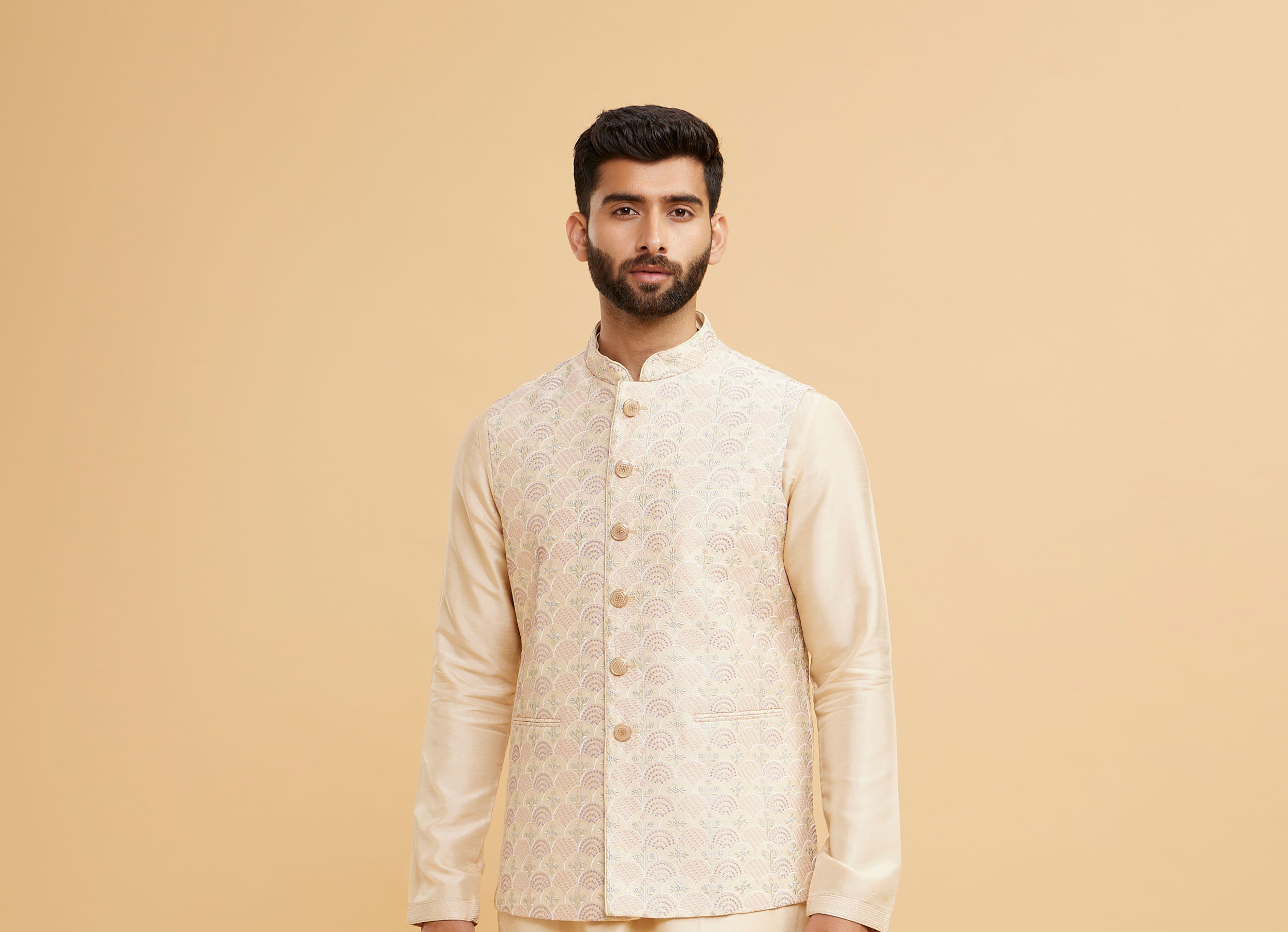 Twamev Men Beige Royal Ensemble Kurta Jacket Set