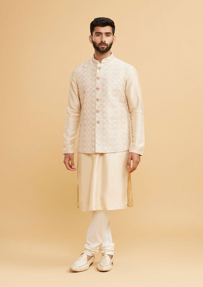 Twamev Men Beige Royal Ensemble Kurta Jacket Set