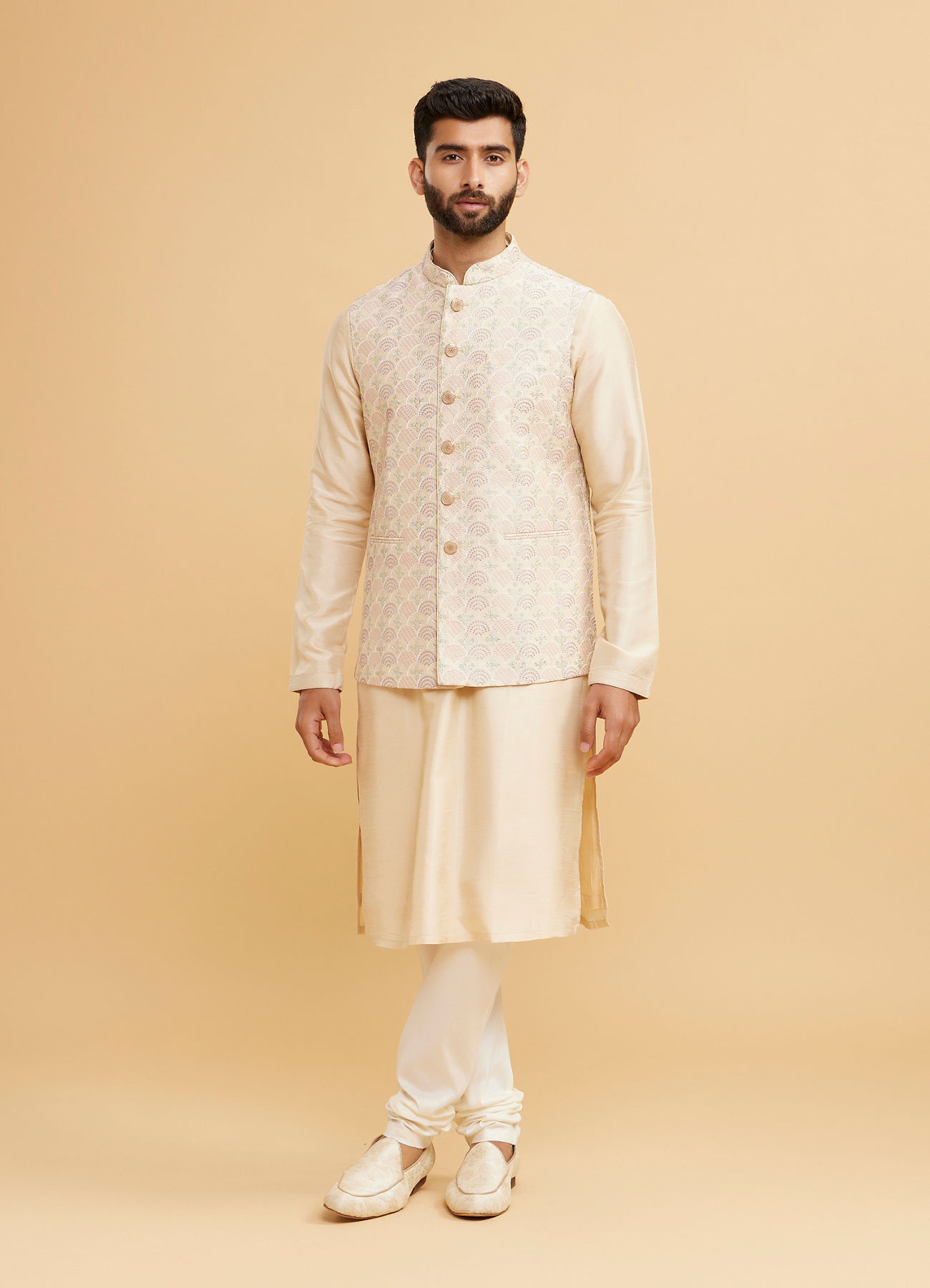 Twamev Men Beige Royal Ensemble Kurta Jacket Set