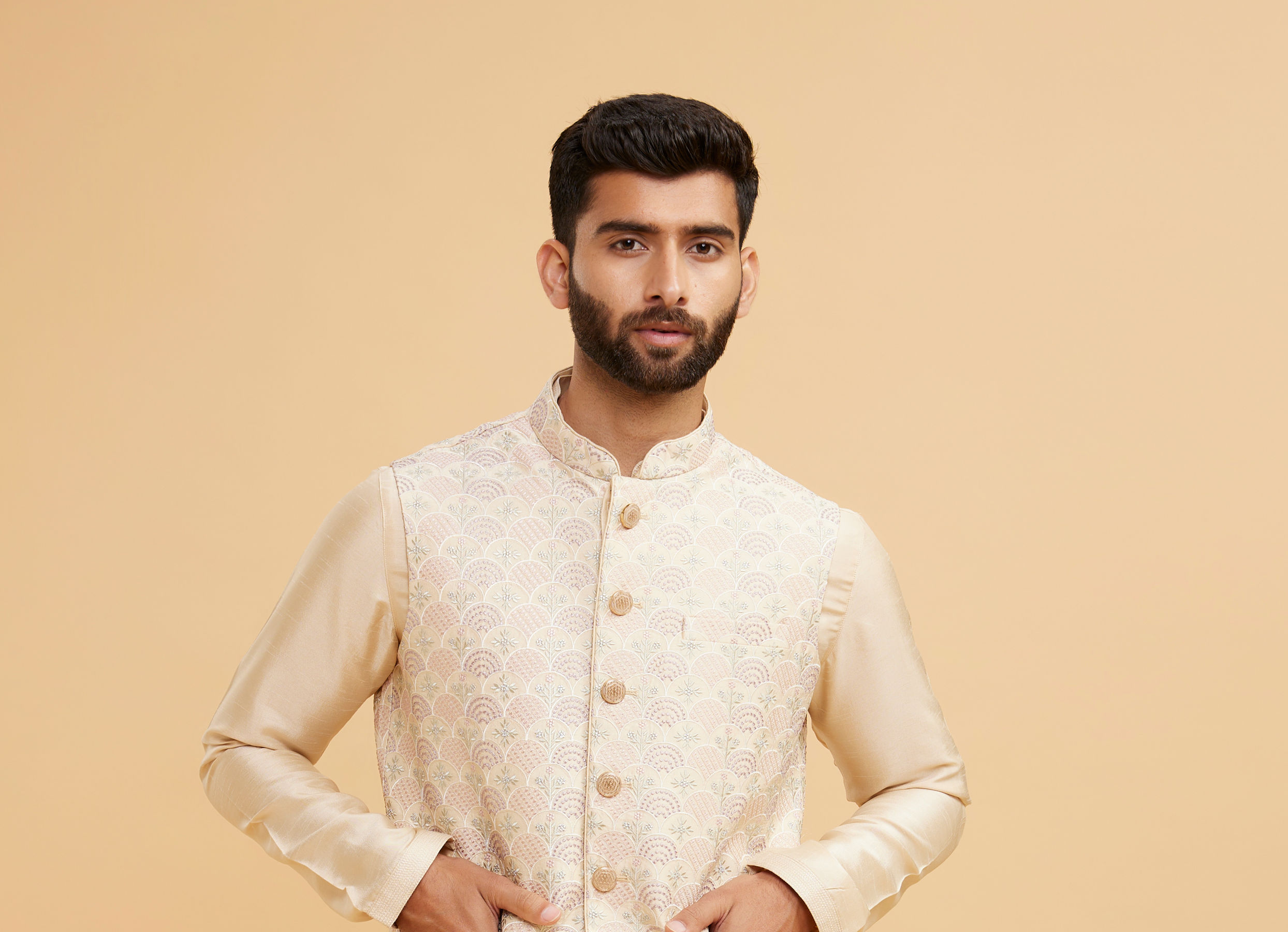 Twamev Men Beige Royal Ensemble Kurta Jacket Set