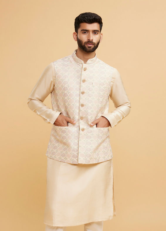 Twamev Men Beige Royal Ensemble Kurta Jacket Set
