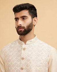 Twamev Men Beige Royal Ensemble Kurta Jacket Set