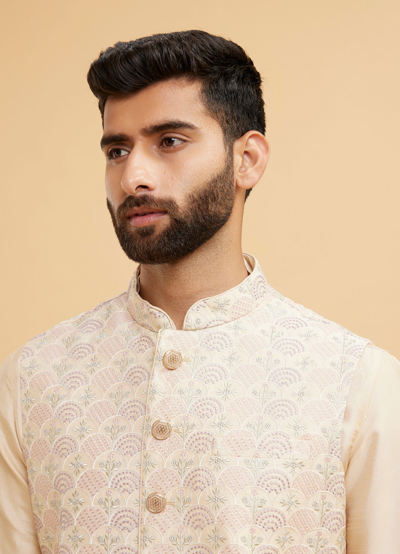 Twamev Men Beige Royal Ensemble Kurta Jacket Set