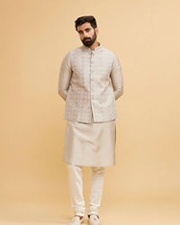 Twamev Men Scintillating Light Grey Kurta Jacket Set