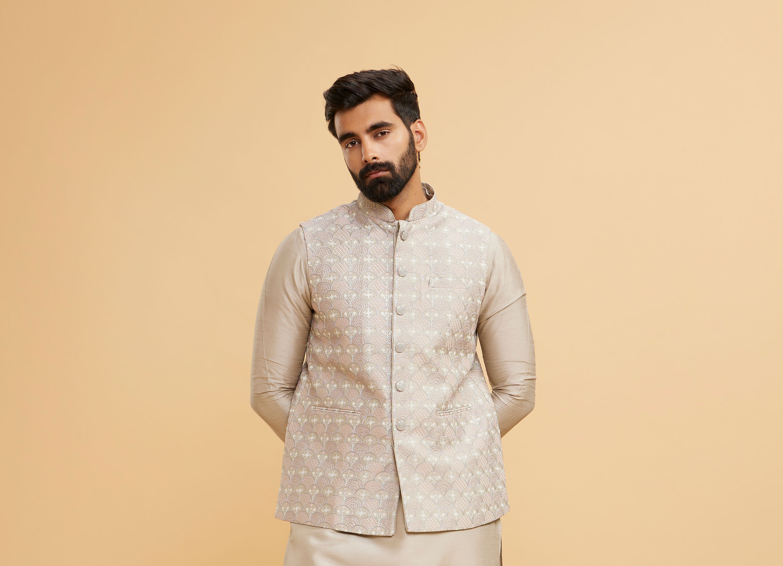 Twamev Men Scintillating Light Grey Kurta Jacket Set