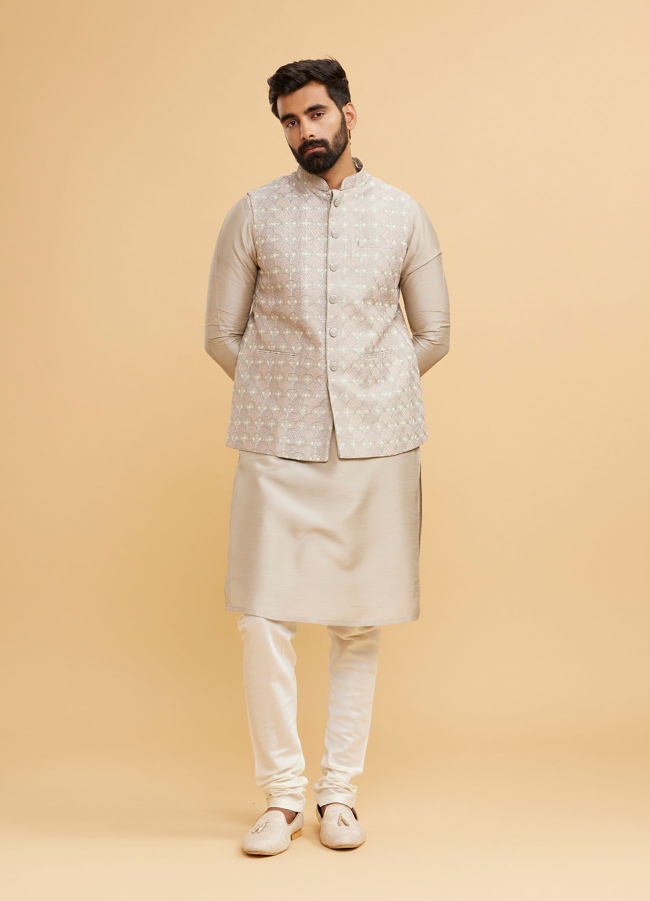 Twamev Men Scintillating Light Grey Kurta Jacket Set