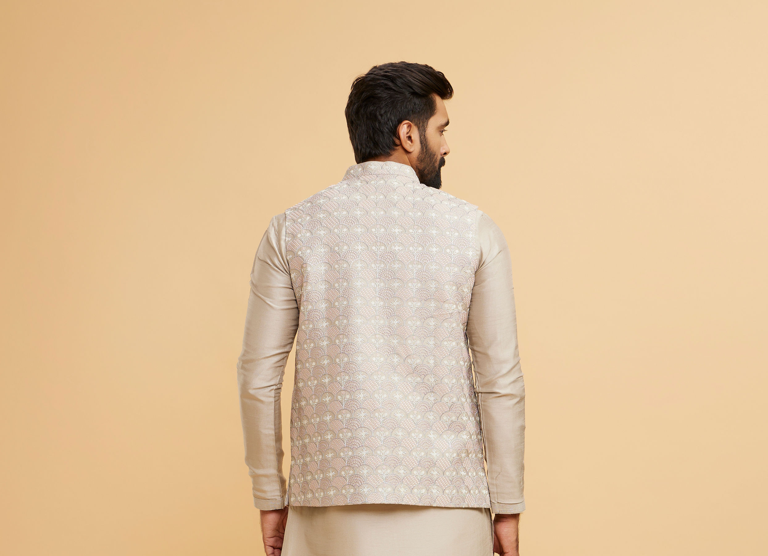 Twamev Men Scintillating Light Grey Kurta Jacket Set