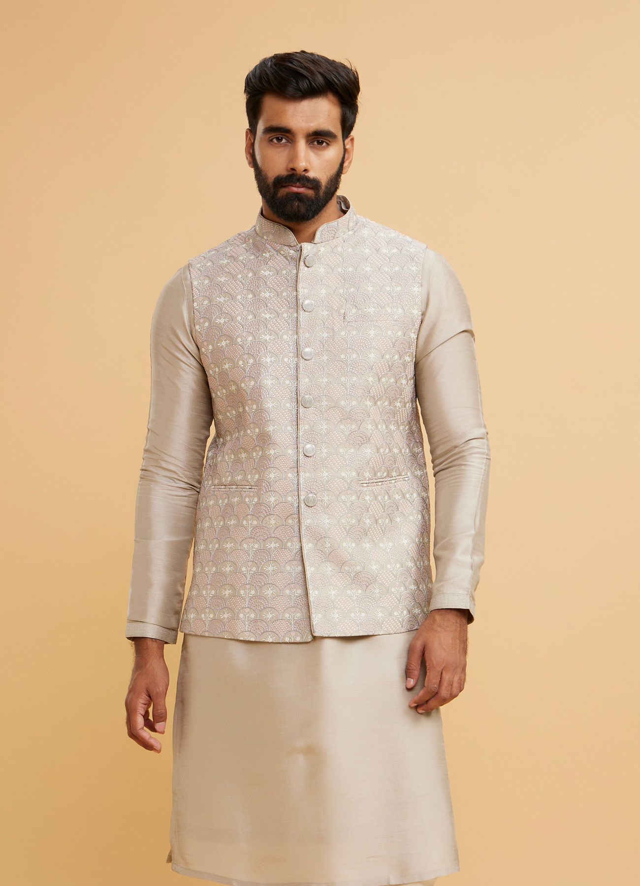 Twamev Men Scintillating Light Grey Kurta Jacket Set