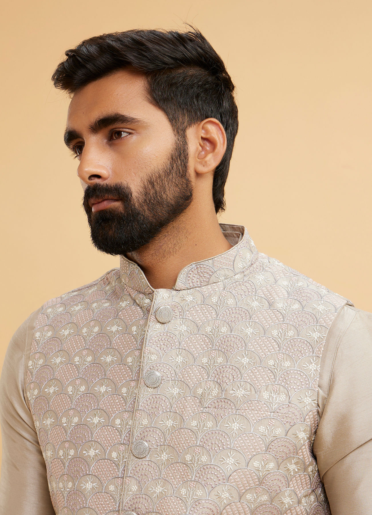 Twamev Men Scintillating Light Grey Kurta Jacket Set