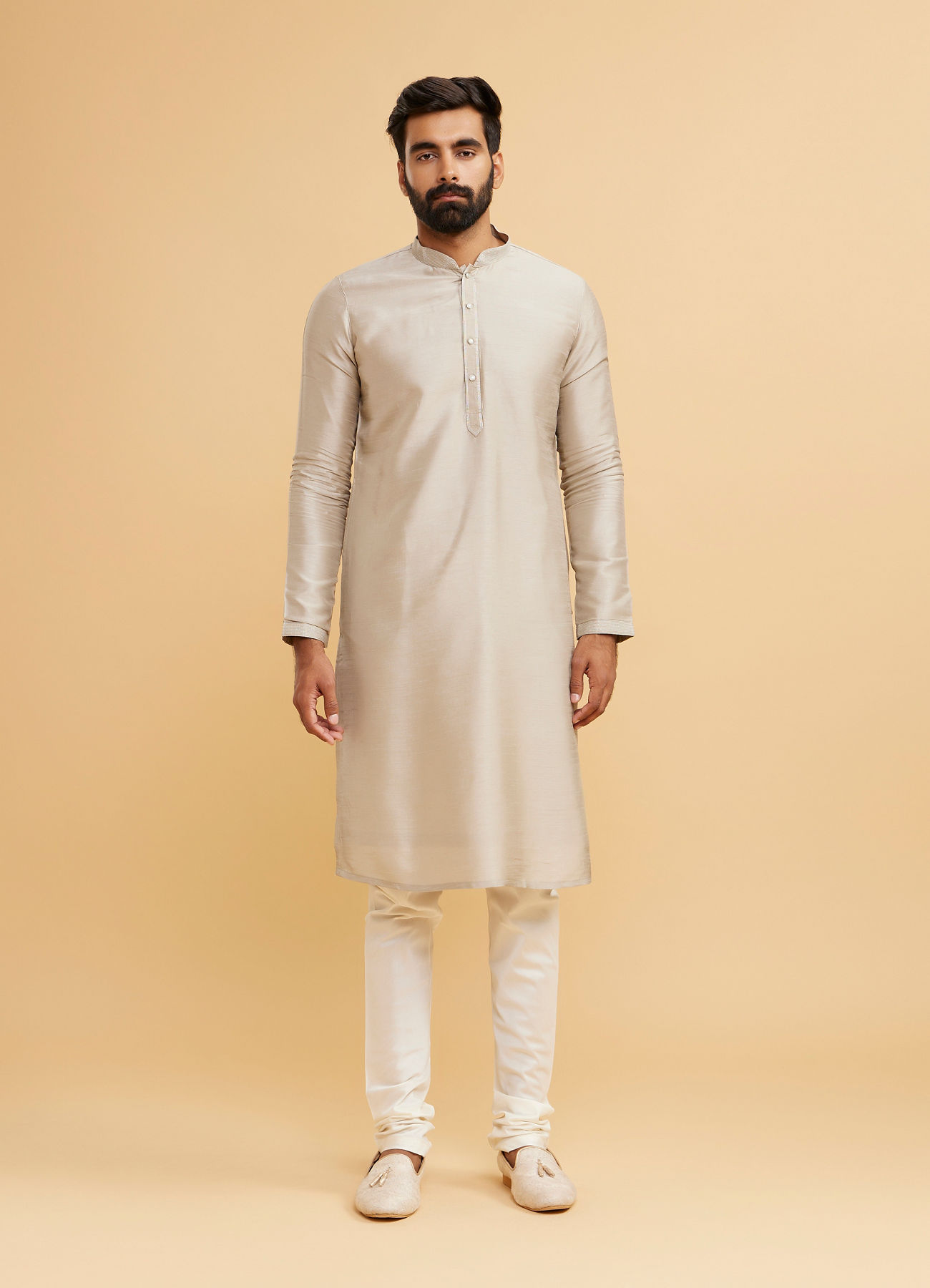 Twamev Men Scintillating Light Grey Kurta Jacket Set