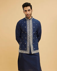 Twamev Men Navy Blue Buta Embroidered Jacket Set with Mirror Work