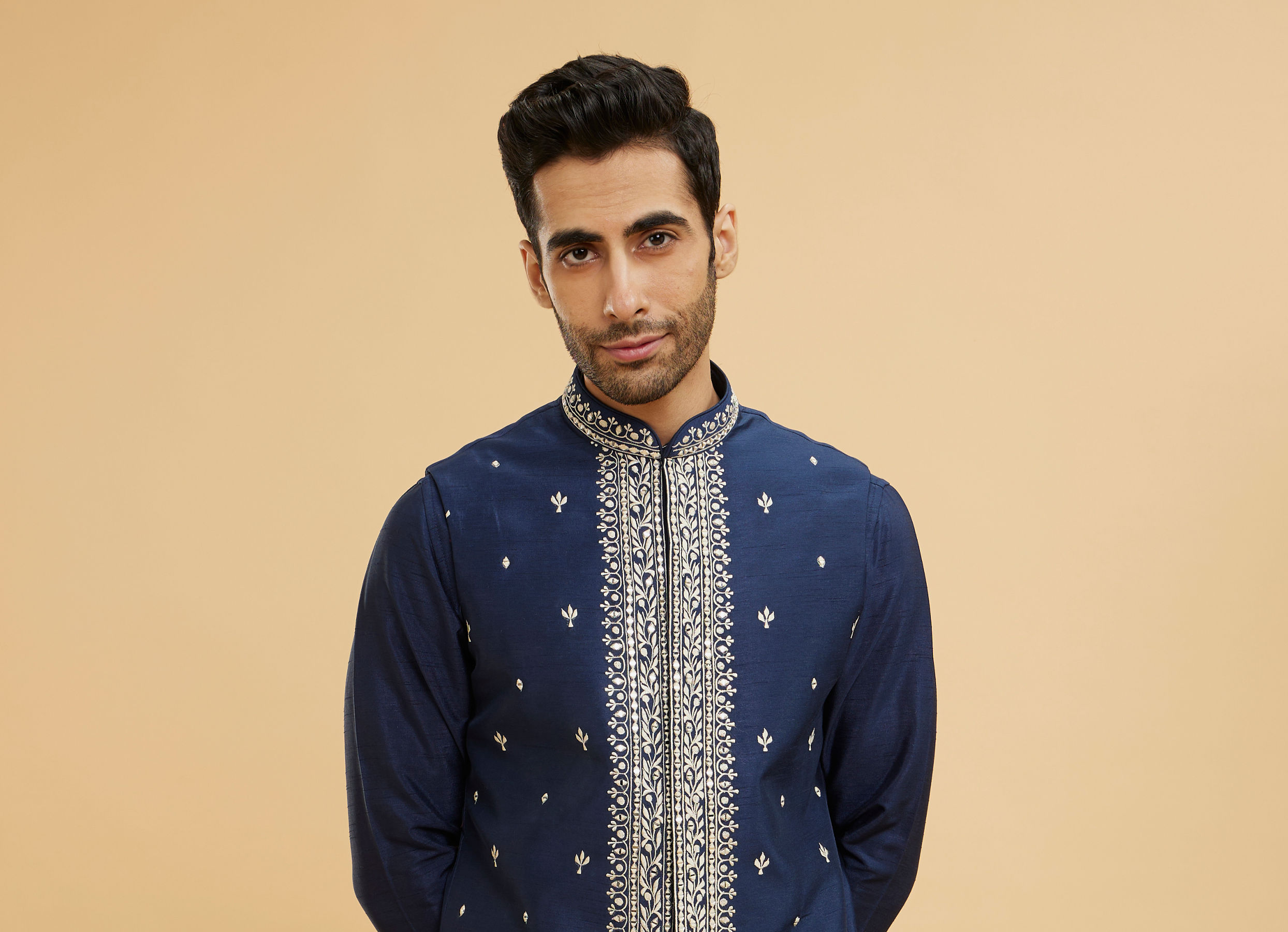 Twamev Men Navy Blue Buta Embroidered Jacket Set with Mirror Work